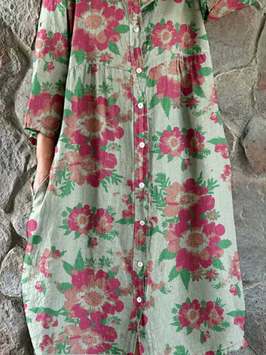 Women's Floral Art Print Cotton and Linen Shirt Dress