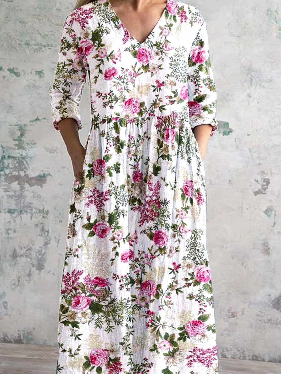 Women's Art Rose Floral V Neck Cotton and Linen Dress With Pockets