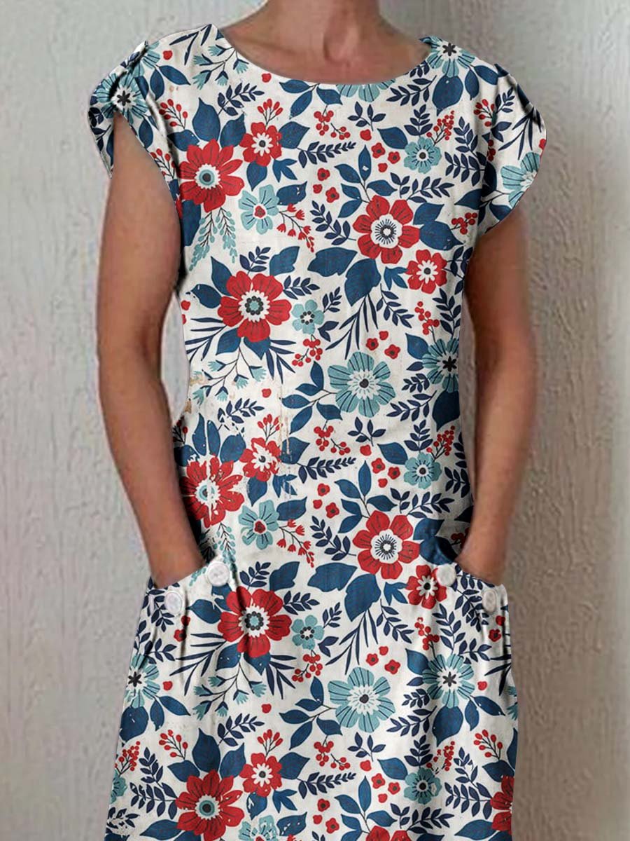 Women's Independence Day Tricolor Floral Pattern Cotton and Linen Dress