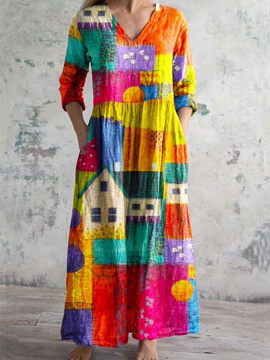 Women's V-neck Artistic Ccolorful Pattern Cotton And Linen Dress