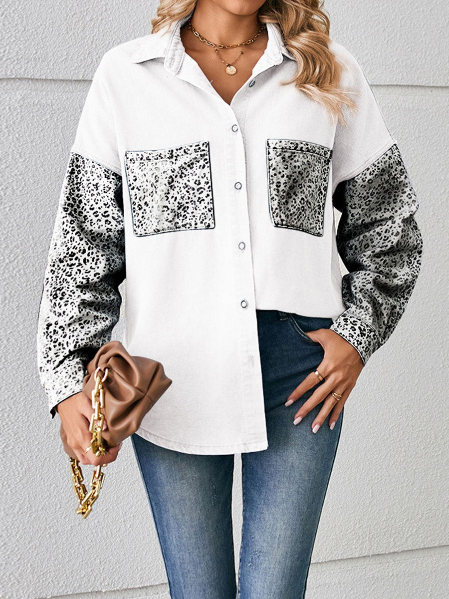 Women's Loose Leopard Pattern Denim Shirt