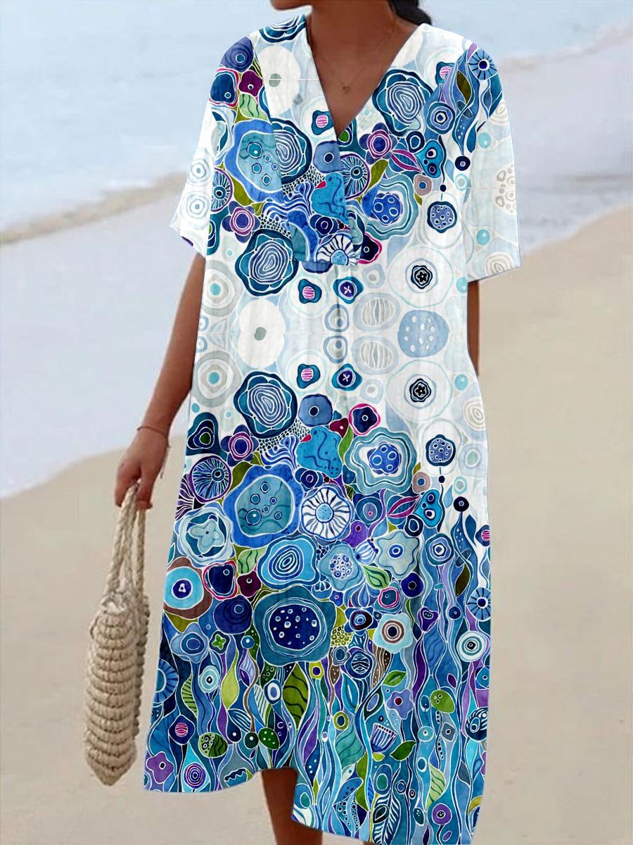 Women's Elegant Art Geometric Pattern V-Neck Flowing Linen Dress