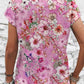 Women's Floral Pattern Print Decorative Button Round Neck Short Sleeve Cotton T-shirt Top