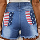 Women's American Flag Printed Washed Denim Shorts