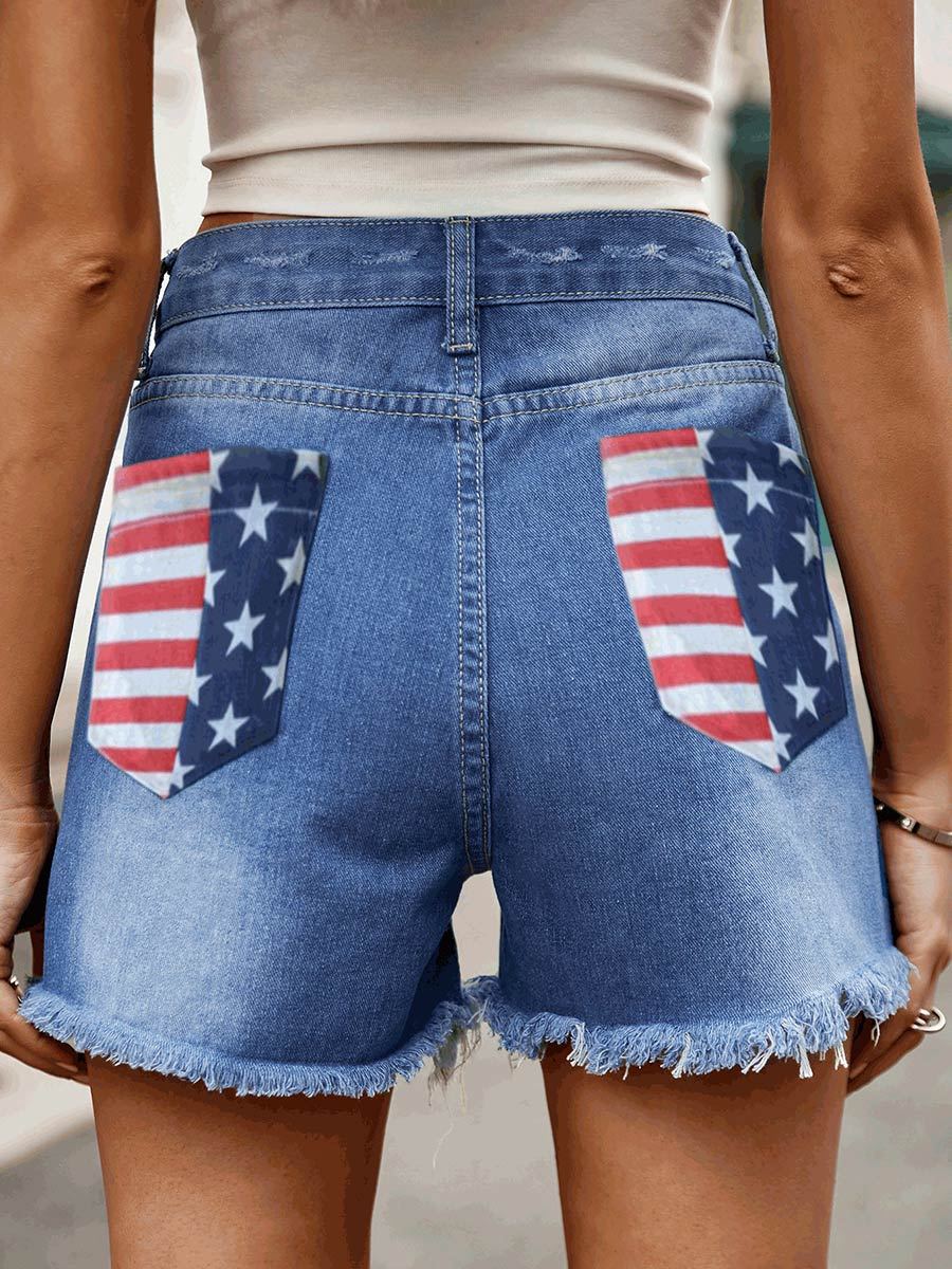 Women's American Flag Printed Washed Denim Shorts