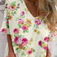 Women's Elegant Simple Floral Pattern V-Neck Cardigan Cotton and Linen Top