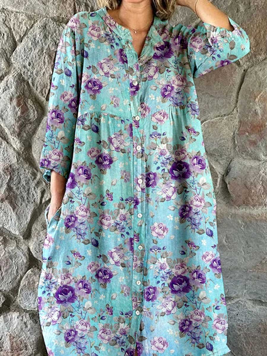 Women's Elegant Floral Pattern Shirt Style Cotton and Linen Dress