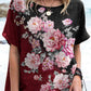 Women's Elegant Irregular Floral Pattern Round Neck Cotton and Linen Top