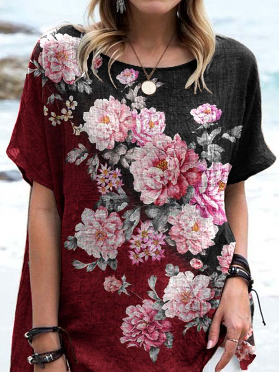 Women's Elegant Irregular Floral Pattern Round Neck Cotton and Linen Top