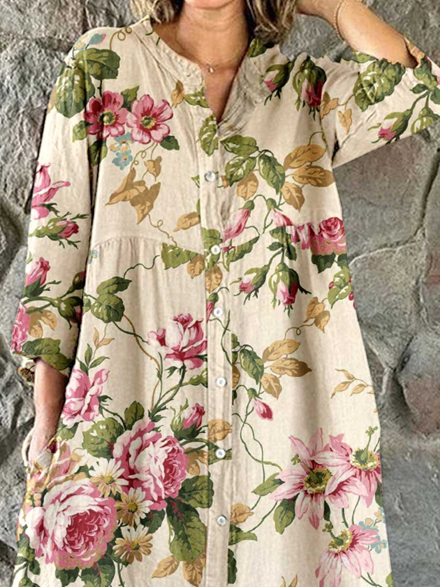 Women's Elegant  Rose Floral Pattern Shirt Style Cotton and Linen Dress