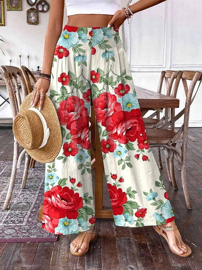 Women's Summer Rose Floral Print Pattern Cotton Wide Leg Pants