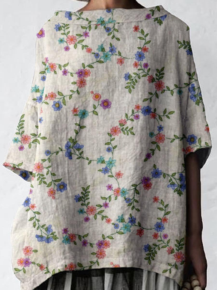 Women's Elegant Floral Pattern Cotton and Linen Top