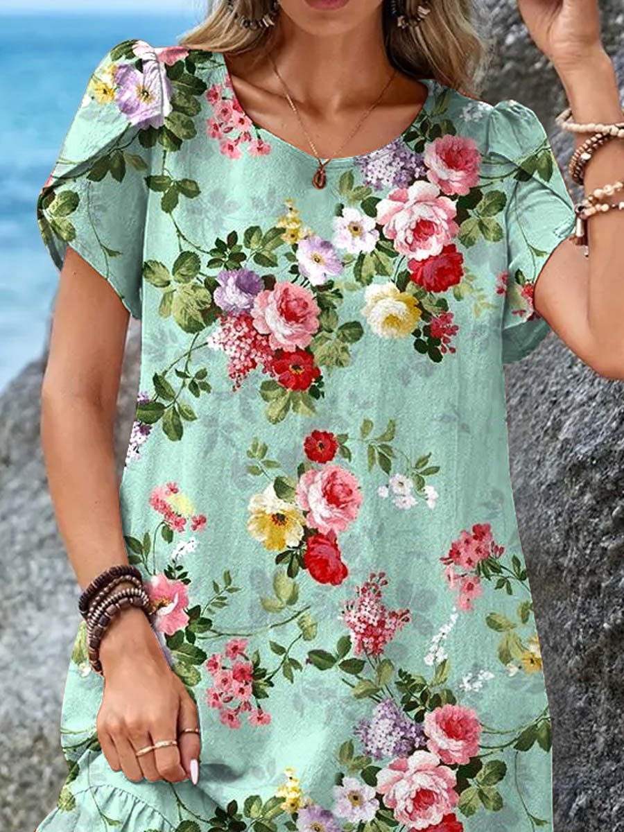 Women's Floral Art Print Crew Neck Casual Petal Sleeve Ruffle Hem Dress