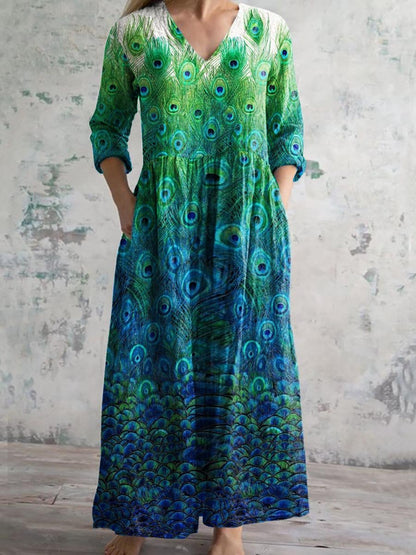 Women's V-Neck Colorful Peacock Pattern Cotton and Linen Pocket Dress