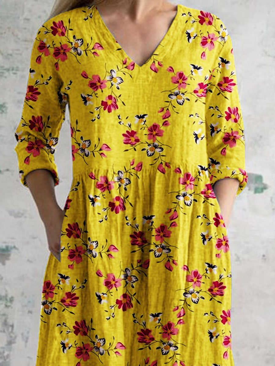 Women's Elegant Vintage Pattern Cotton Dress With Pockets