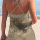 Criss Cross Fake 2in1 Brown Vintage Continuous Flowers Print Patchwork Halter Tankini Shorts Set Swimsuit