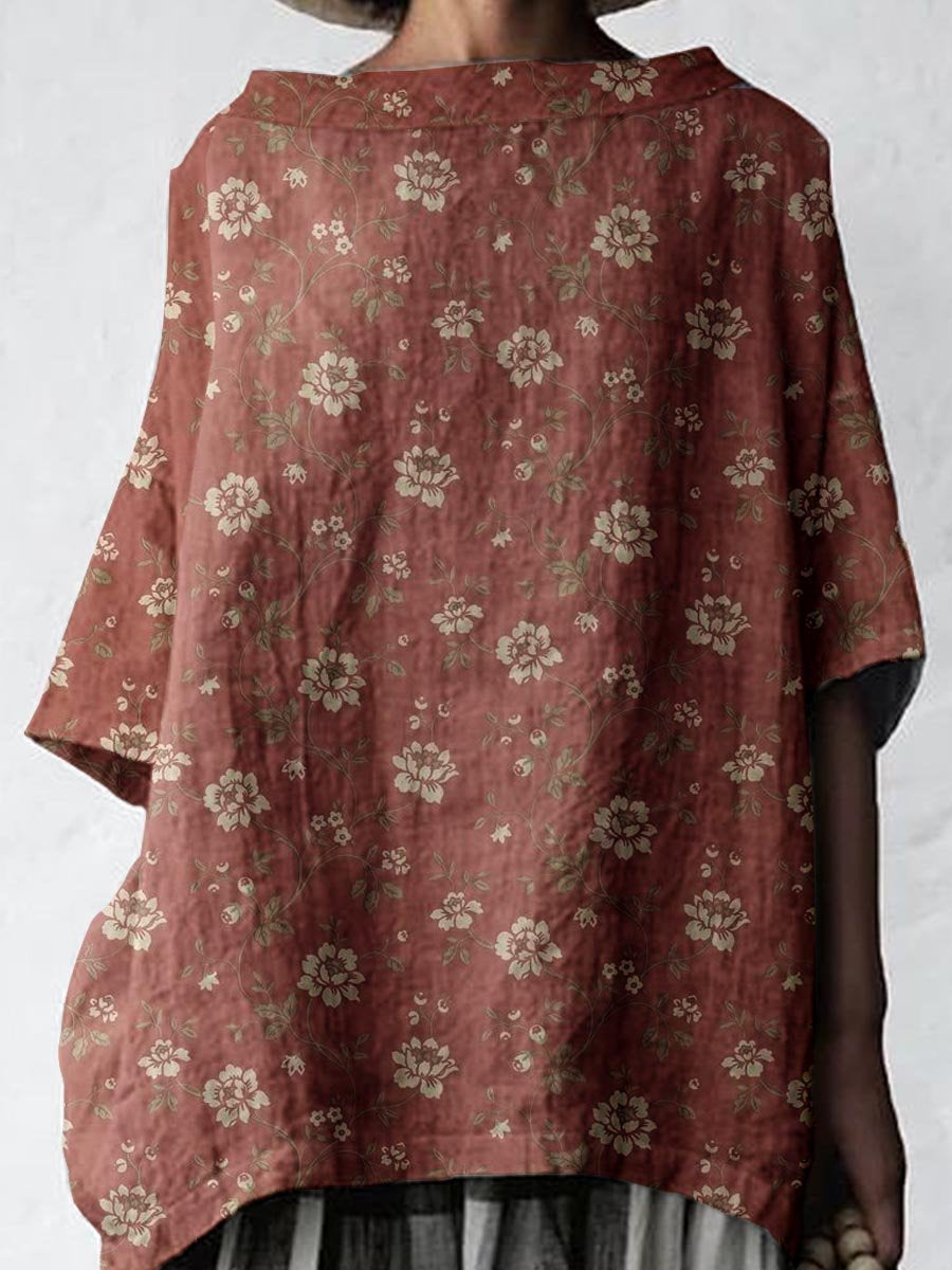 Women's Simple Floral Pattern Cotton and Linen Top