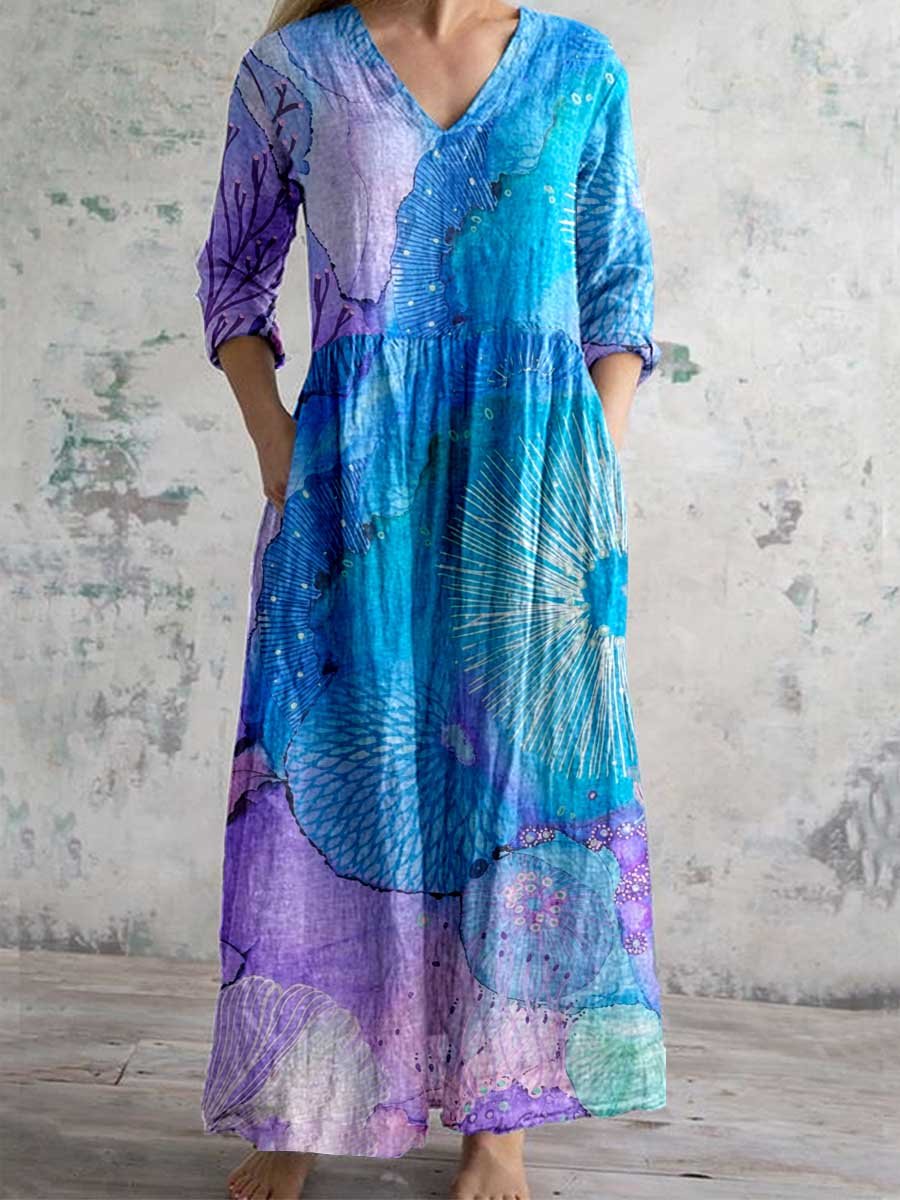 Women's Artistic Color Gradient V-neck Cotton And Linen Dress