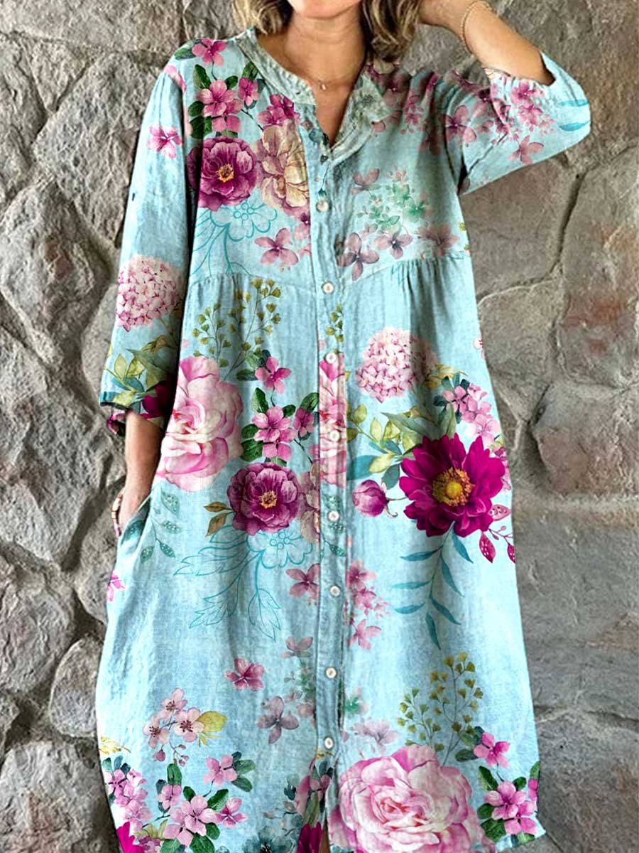 Women's Rose Floral Print Elegant Simple Shirt Cotton and Linen Dress