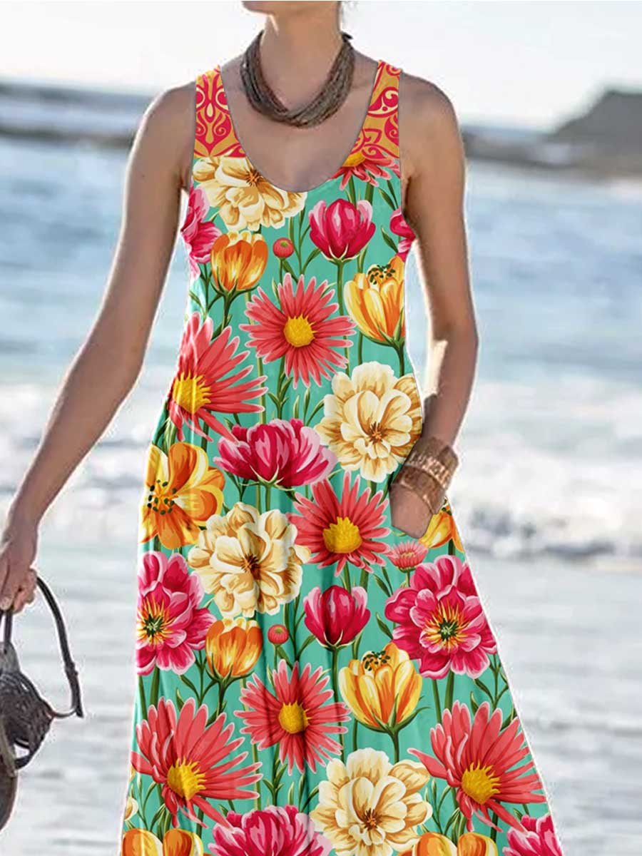 Women's Floral Print Resort Tank Top Dress with Pockets