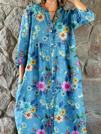 Women's Elegant Floral Pattern Shirt Style Cotton and Linen Dress