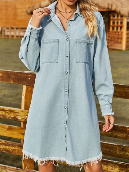 Women's Retro Washed Denim Loose Casual Long-Sleeved Raw Edge Dress