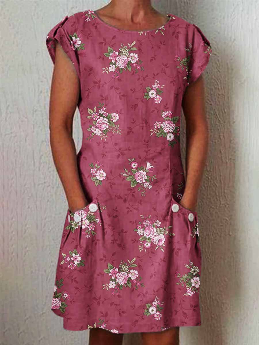 Women's Elegant Rose  Rose Floral Pattern Cotton and Linen Dress with Pockets