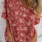 Women's Simple Floral V-neck Shirt-Style Cotton and Linen Top