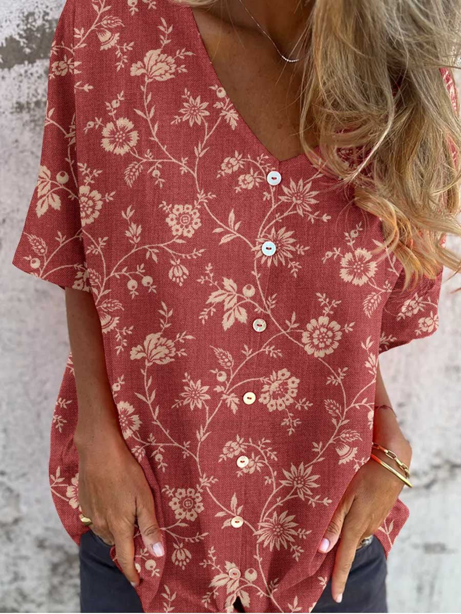 Women's Simple Floral V-neck Shirt-Style Cotton and Linen Top