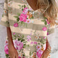 Women's Elegant Striped Rose Floral Shirt Style Cotton and Linen Top