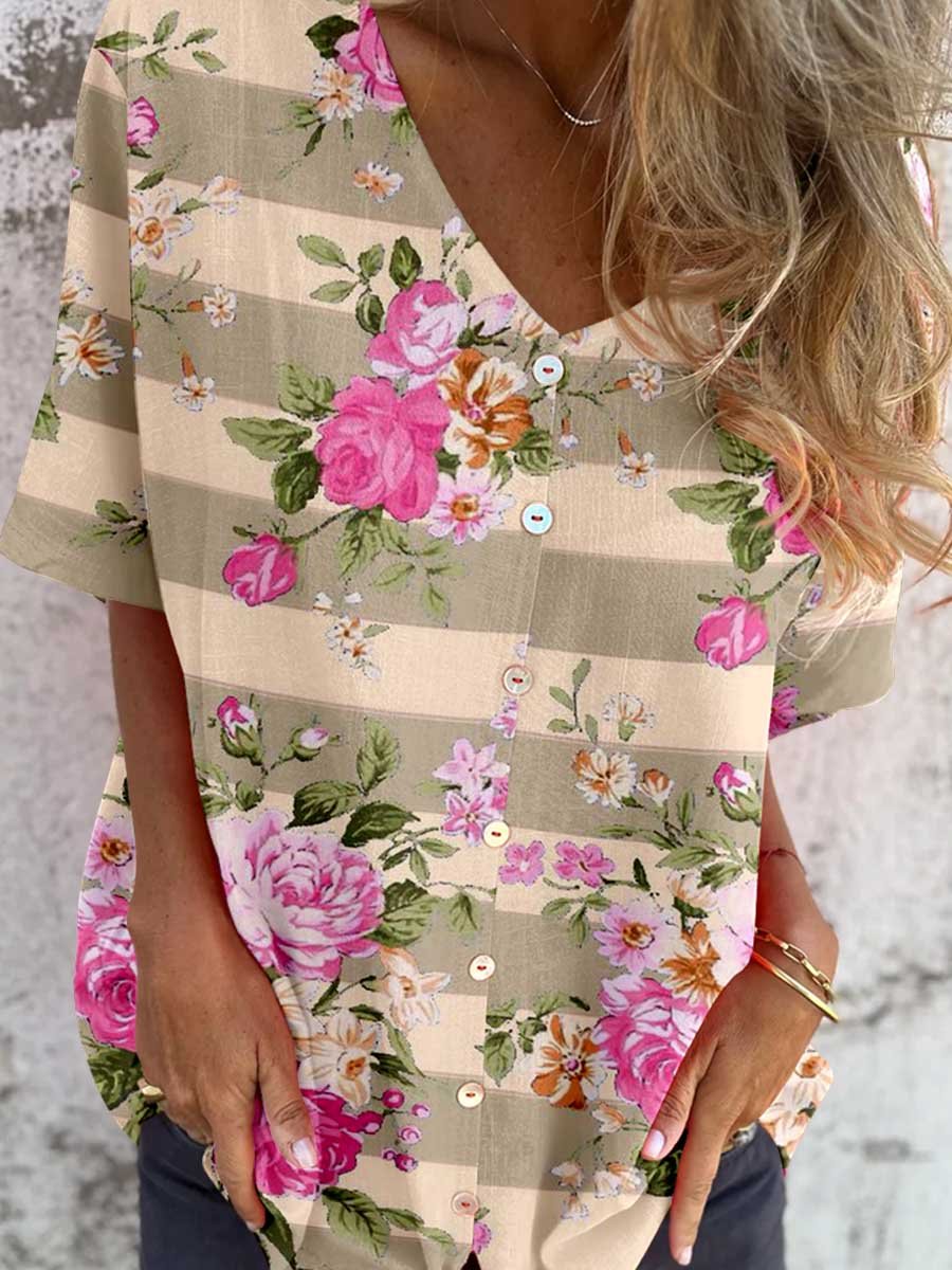 Women's Elegant Striped Rose Floral Shirt Style Cotton and Linen Top