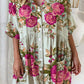 Women's Elegant Rose Floral Print Cotton and Linen Dress