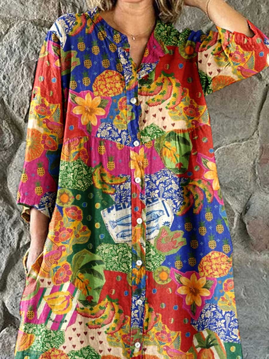 Women's Summer Colorful Floral Shirt Style Cotton and Linen Dress