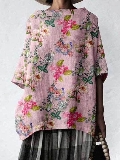 Women's Elegant Floral Pattern Cotton and Linen Top