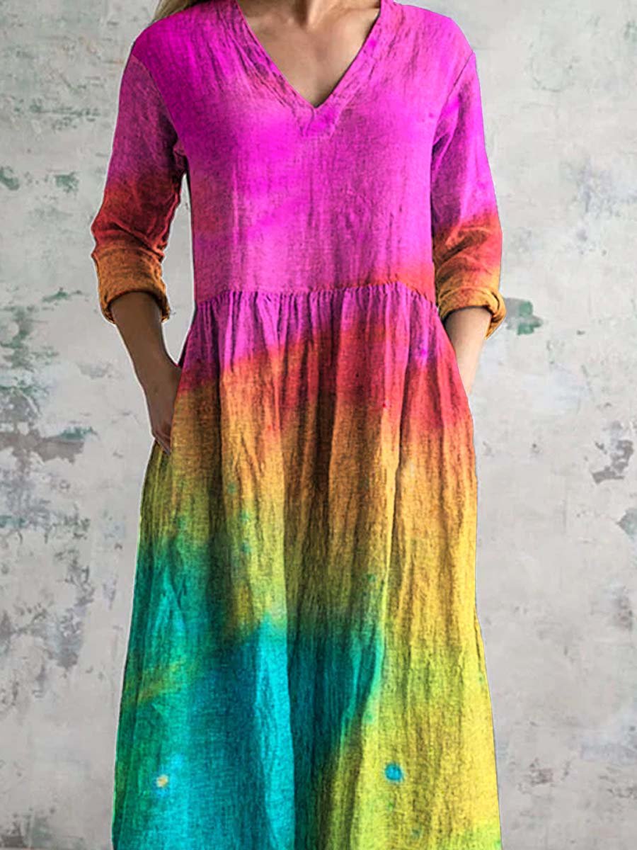 Women's V-Neck Rainbow Gradient Pattern Dress with Pockets