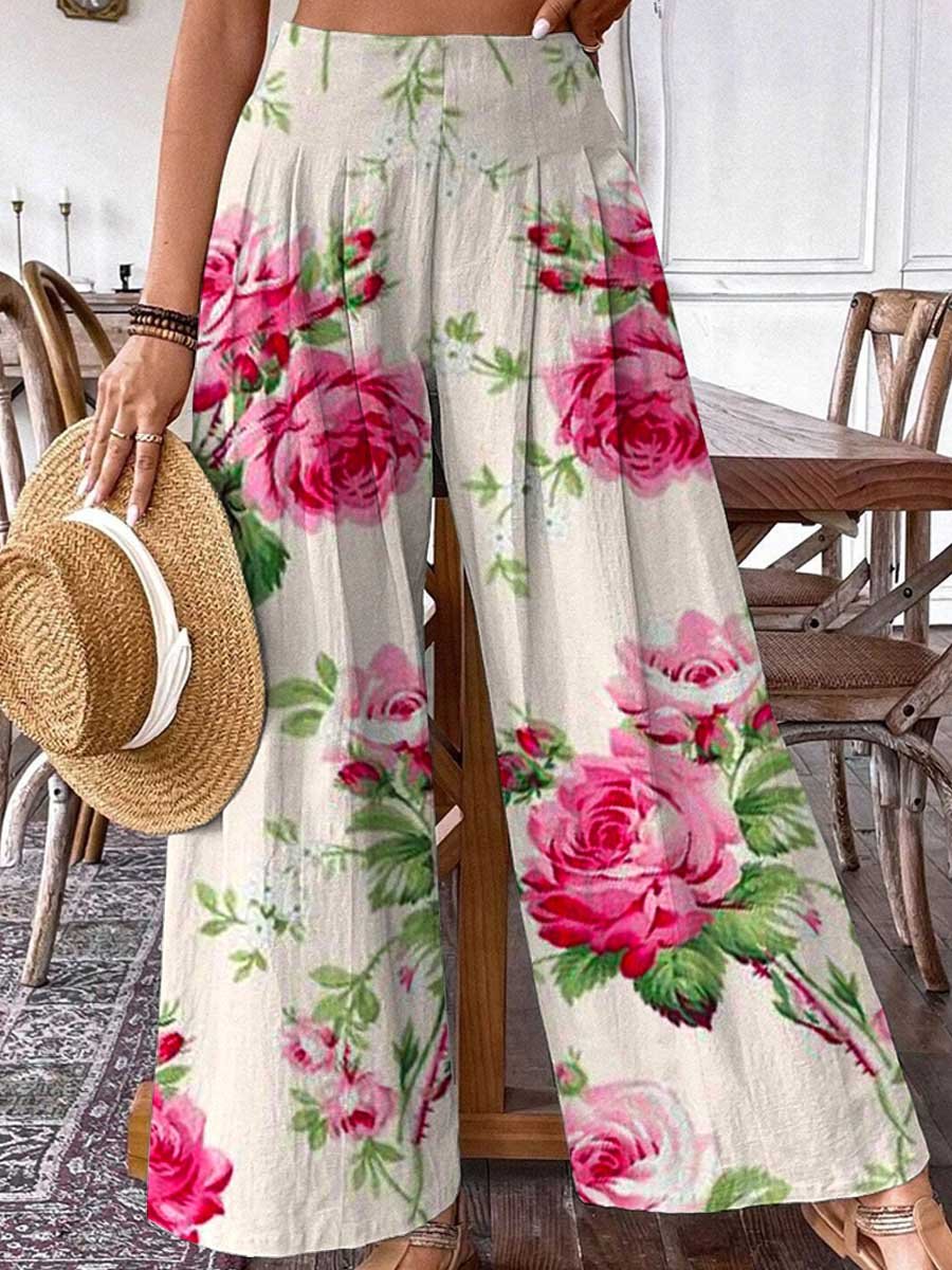 Women's Rose Floral Pattern Cotton and Linen Pants