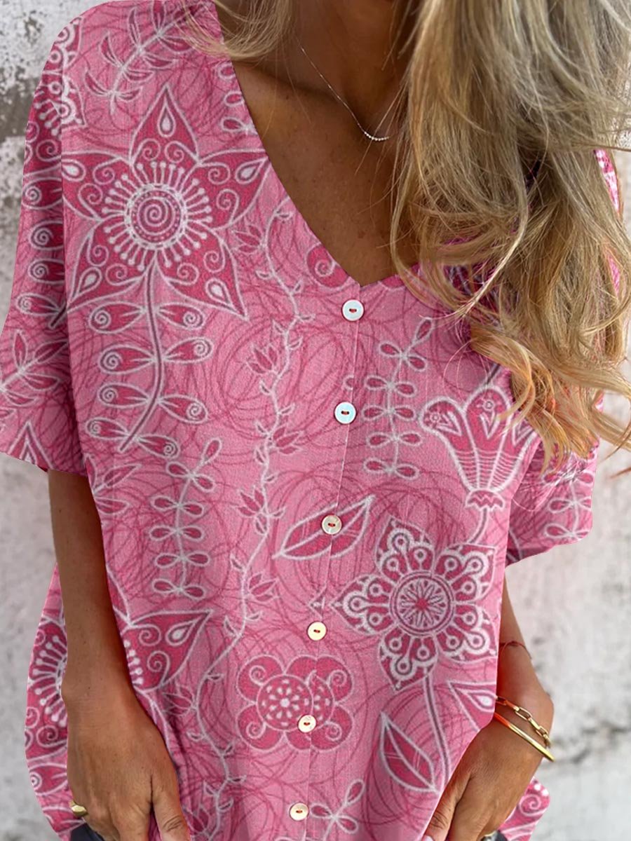 Women's Simple Decorative Floral Pattern Shirt Style Cotton and Linen Top