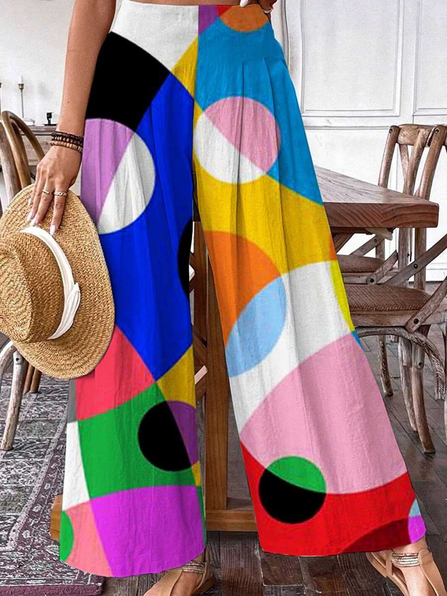 Women's Pop Art Geometric Rainbow Color Pattern Cotton And Linen Pants