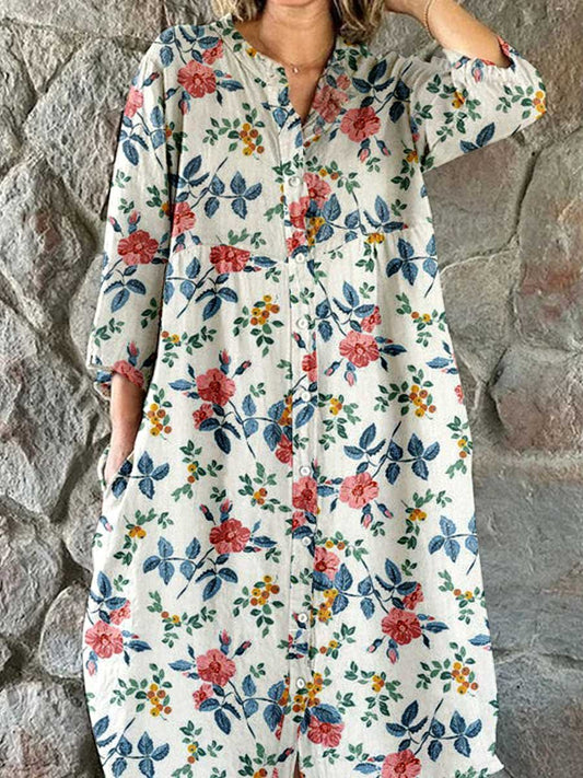 Women's Elegant Floral Pattern Shirt Style Cotton and Linen Dress