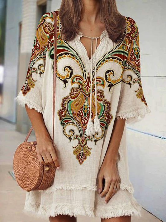 Women's Retro Bohemian Pattern Print V-Neck Strappy Raw Edge Cotton and Linen Dress