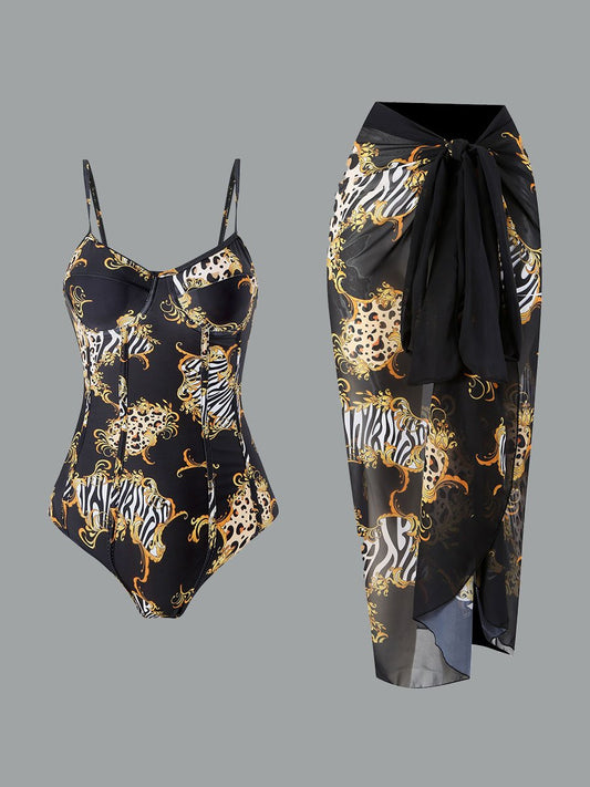 Women's One-piece Swimsuit Retro Printed Chiffon Long Skirt