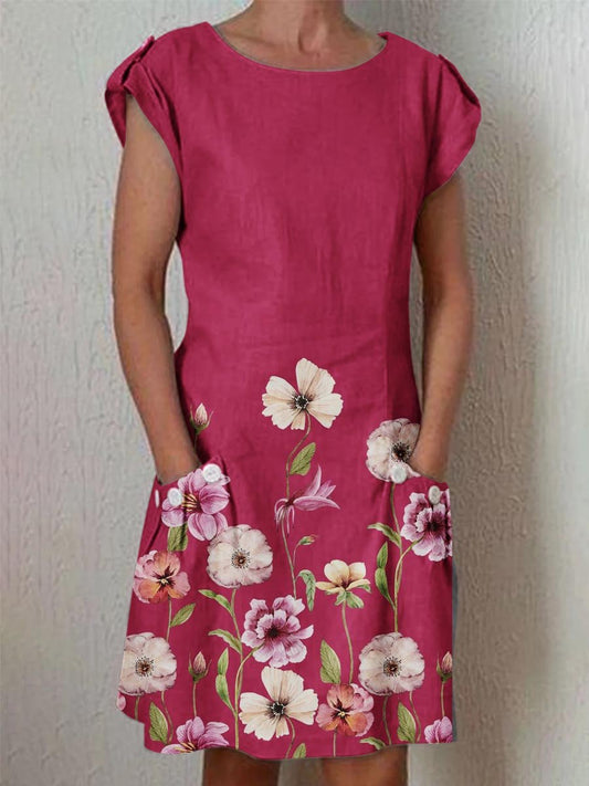 Women's  Elegant Decorative Floral Pattern Round Neck Cotton and Linen Dress