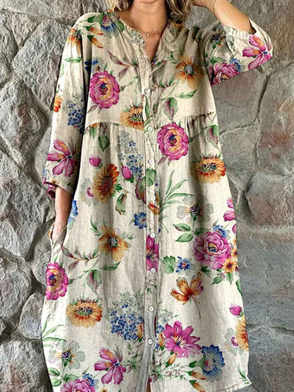 Women's Elegant Floral Print Shirt Style Cotton and Linen Dress