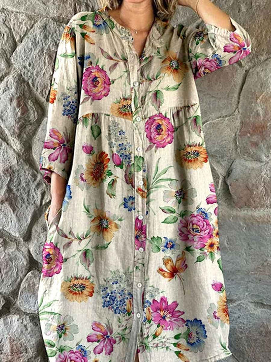 Women's Elegant Floral Print Shirt Style Cotton and Linen Dress