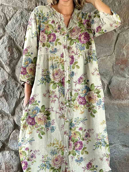 Women's Elegant Simple Floral Pattern Shirt Style Cotton and Linen Dress