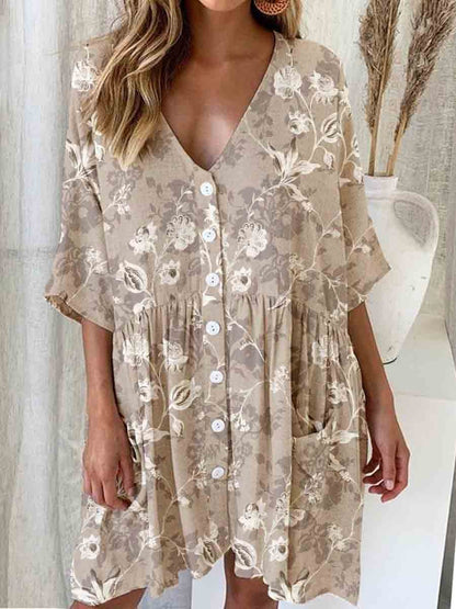 Women's Elegant Vintage Floral Pattern V-Neck Cardigan Style Cotton and Linen Dress