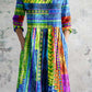 Women's Art Colorful Geometric Pattern V-Neck Cotton and Linen Dress with Pockets