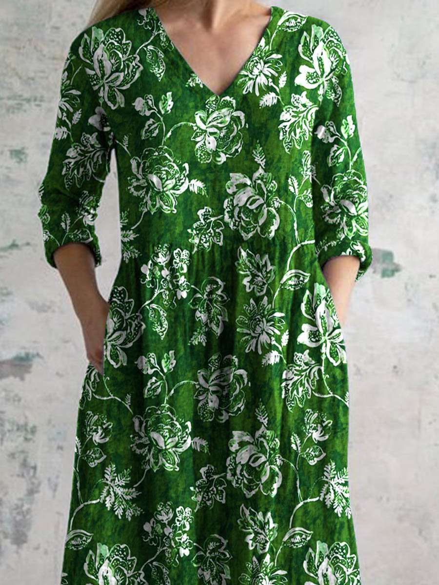 Women's Elegant Vintage Floral Pattern Cotton Dress With Pockets