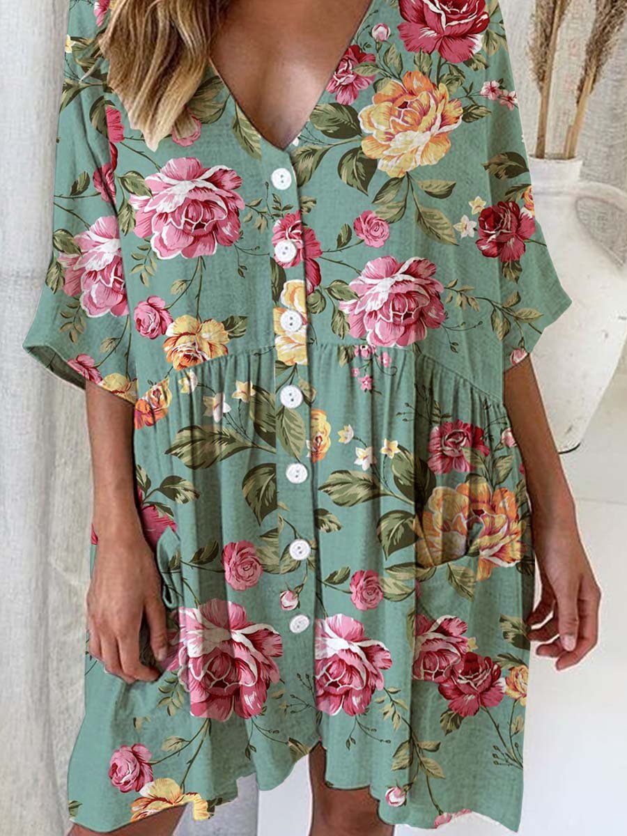 Women's Elegant Rose Floral Print Cotton and Linen Dress