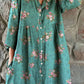 Women's Elegant  Rose Floral Pattern Shirt Style Cotton and Linen Dress